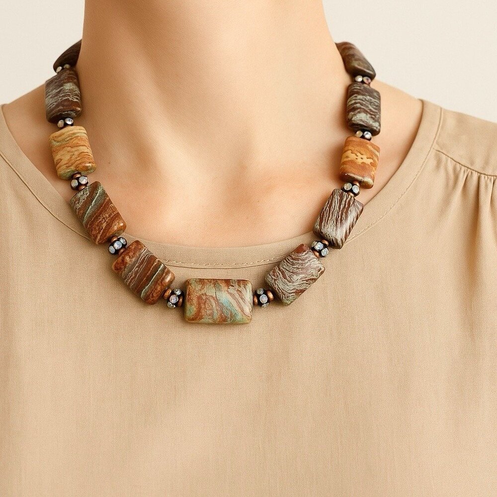 Artisan Jasper Gemstone Necklace Rectangle Beads Brown Green Earth Tone Boho